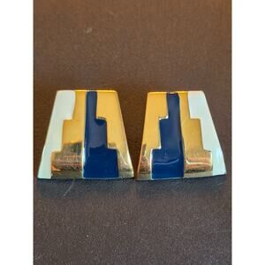 Vintage Monet Gold Tone Blue & Cream Enamel Color Block Earrings